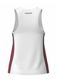 Weißes Tanktop mit Rundhalsausschnitt, versehen mit roten und grauen Seitenstreifen sowie einem schwarzen "HEAD"-Logo auf der Rückseite. Glattes, leichtes Material.