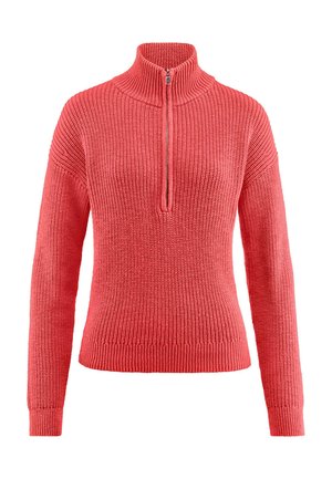 Koraalkleurige gebreide trui met een half-zip kraag, geribbelde manchetten en zoom. Kenmerkt zich door een gestructureerd oppervlak en een losse pasvorm.