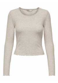 Maglia a maniche lunghe, color beige chiaro, realizzata in tessuto a coste. Presenta un collo rotondo e un orlo ondulato in vita e ai polsini.