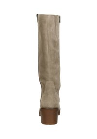 Suede knee-high boot in light taupe with a semi-matte finish, rounded toe, and chunky heel. Features a back zipper for easy wear.