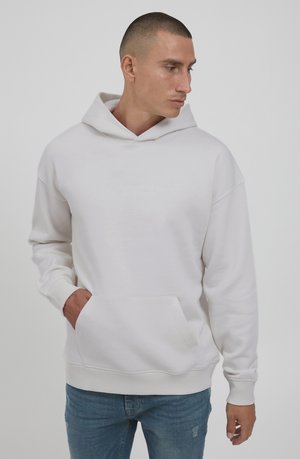 Light grey hooded sweatshirt made of soft fabric, featuring a front pocket and textured embroidery. Casual fit with ribbed cuffs and hem.