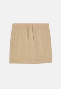 Ljust beige cargoshorts tillverkade av mjukt material, med elastisk midja, snörning, två framfickor och en sidoficka.