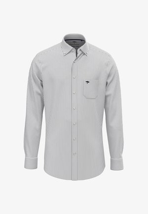 Hemd mit Knopfleiste, vertikalen blauen und weißen Streifen, langen Ärmeln, einer Brusttasche und einem kleinen gestickten Logo auf der Tasche.