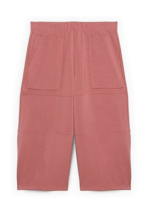 Polven mittaiset, ruusukultaiset shortsit, joissa on joustava vyötärönauha ja kaksi suurta etutaskua.