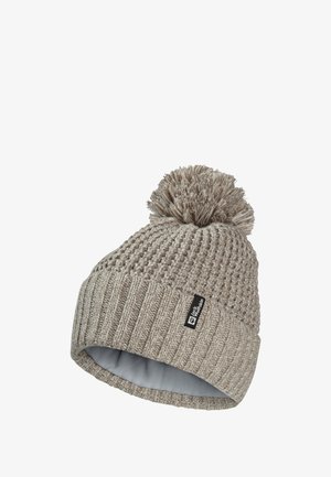 Gebreide beanie in lichtbeige, met een gestructureerd patroon, een geribde manchetten en een zachte pompon bovenop. De binnenkant is gevoerd met een glad materiaal.