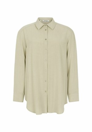 Világoszöld, gombos ing klasszikus gallérral, hosszú ujjakkal és sima textúrával, elöl gombokkal és laza fazonnal.