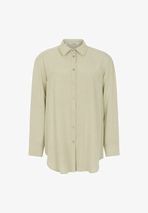 Világoszöld, gombos ing klasszikus gallérral, hosszú ujjakkal és sima textúrával, elöl gombokkal és laza fazonnal.