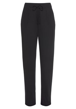 Schwarze Pull-on-Hosen aus weichem Stoff, mit einem Kordelzugbund, geradem Bein und ohne sichtbare Muster oder Verzierungen.