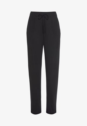 Black pull-on pants made of soft fabric, featuring a drawstring waistband, straight leg design, and no visible patterns or hardware.