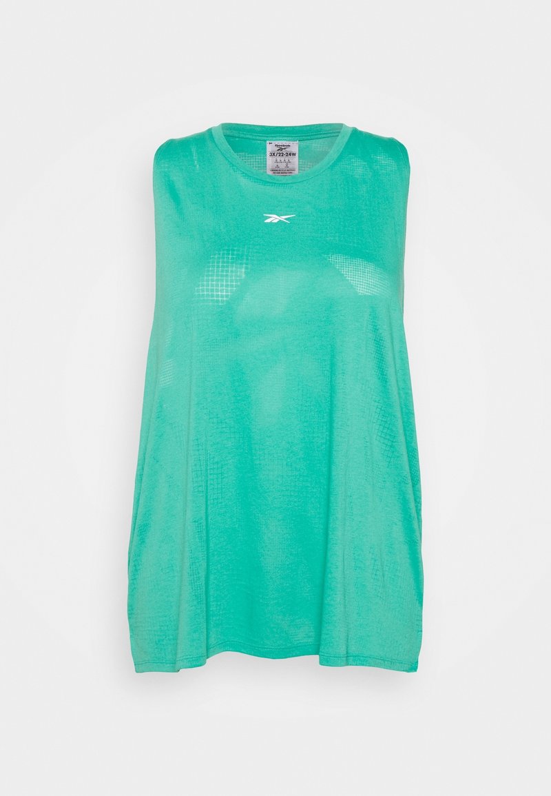 T-shirt de sport léger et sans manches de couleur sarcelle vibrante. Fabriqué en matériau respirant avec un motif en grille et un logo subtil à l'avant.