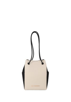 Tofarvet beige og sort håndtaske med lange sorte stropper og et lille brandlogo på frontens midte.
