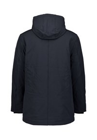 Marine waterdichte jas met capuchon, voorzien van een gladde textuur, rechte snit en stikseldetails. De binnenzijde heeft een warme voering voor isolatie.