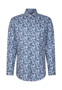 Overhemd met lange mouwen van witte stof met een blauw-groen abstract patroon, voorzien van een standaard kraag en een afgeronde zoom.