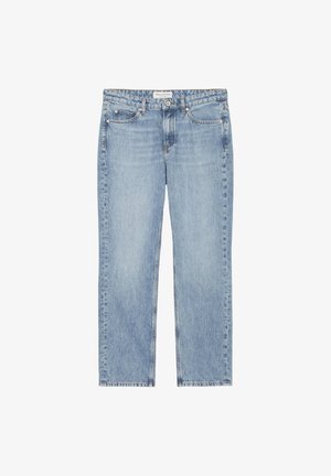 Vaaleansiniset farkut suorilla lahkeilla, joissa on viisi taskua, nappikiinnitys ja hillitty haalistuma kauttaaltaan.