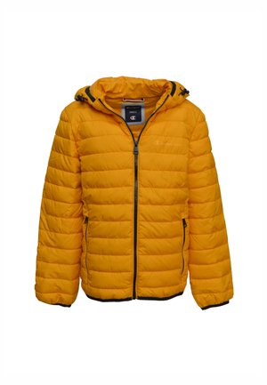 Giacca imbottita gialla con cappuccio, rifiniture nere, chiusura con zip e polsini elastici. Presenta un design trapuntato orizzontale e un logo sul petto.
