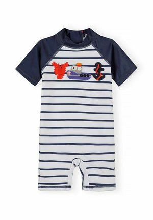 Granatowo-biały krótki kombinezon dla niemowląt w paski z wyszywanym czerwonym homarem, niebieską łodzią i czarną kotwicą na piersi.