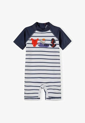 Granatowo-biały krótki kombinezon dla niemowląt w paski z wyszywanym czerwonym homarem, niebieską łodzią i czarną kotwicą na piersi.