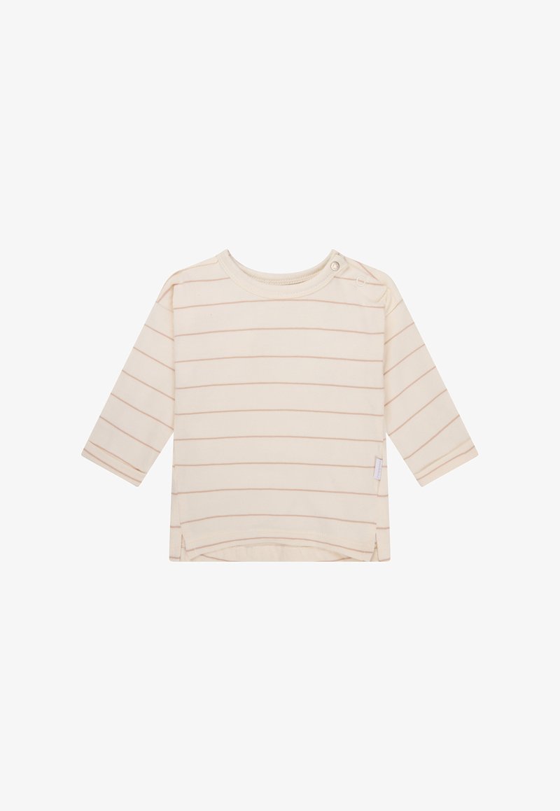 Langarm-Cremehemd mit hellrosa horizontalen Streifen, runder Halsauschnitt und Seitenschlitzen. Verfügt über einen Druckknopfverschluss an der Schulter.