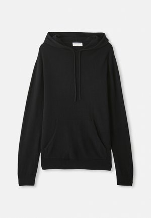 Schwarzer Hoodie aus weichem Stoff; verfügt über eine frontale Kängurutasche, eine Kapuze mit Kordelzug, lange Ärmel sowie einen gerippten Bund und Bündchen.