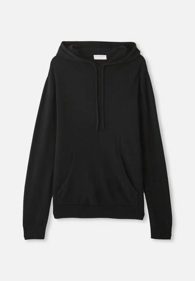 Black hoodie made of soft fabric; features a front kangaroo pocket, drawstring hood, long sleeves, and ribbed waistband and cuffs.
