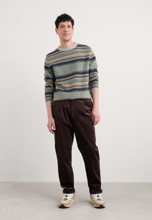Knitted sweater with green, brown, and blue stripes; brown corduroy pants; multicolored sneakers; plain background.