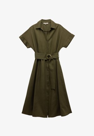 Olive green, knee-length shirt dress made of soft fabric. Features a button front, short sleeves, and a matching belt with a circular buckle.