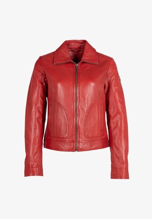Rote Lederjacke mit einem kragenlosen Ausschnitt, vollem Frontreißverschluss und seitlichen Taschen; zeichnet sich durch eine glatte Textur und eine formschlüssige Silhouette aus.
