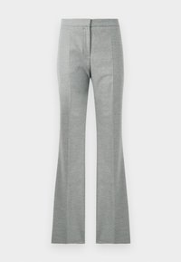Pantalons évasés gris avec des coutures verticales, fabriqués dans un tissu doux et texturé. Présentent une taille ajustée et une finition lisse.