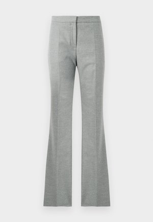Gray flared trousers with vertical seams, made from a soft, textured fabric. Features a fitted waistband and a smooth finish.