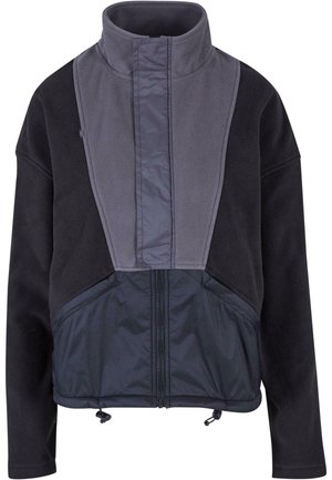 Fleece-Jacke mit hohem Kragen, grauem Vorderteil und schwarzem Körper. Mit durchgehendem Reißverschluss und verstellbarem Saum mit Kordelzügen.