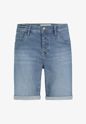 Hellblaue Denim-Shorts mit umgeschlagenen Säumen, Fünf-Taschen-Design, vorderem Knopfverschluss und subtilen Ausbleichungen.