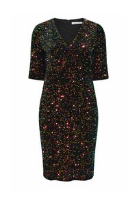 Svart paljettklänning med V-ringning, trekvartsärmar och en figurnära silhuett, med klart färgade runda paljetter överallt.