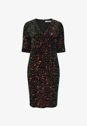 Musta paljettimekko, jossa on V-pääntie, kolmivartiset hihat ja tiivis siluetti, joka on koristeltu kirkkaanvärisillä pyöreillä paljeteilla.