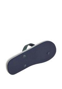 Sole di infradito in gomma blu con texture antiscivolo, strisce decorative bianche e verdi lungo il bordo e cinturino in tessuto verde per una vestibilità sicura.