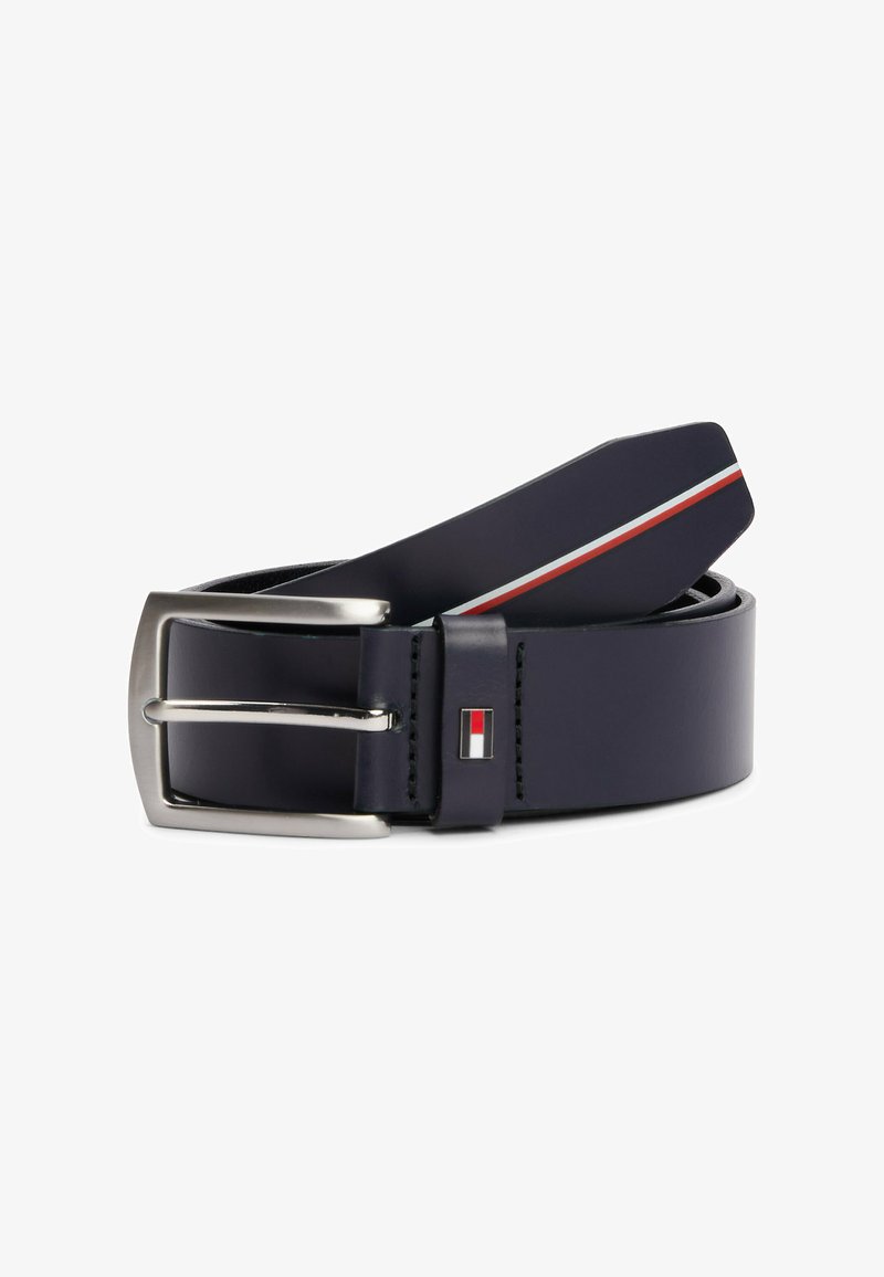 Navy leather belt with a silver metal buckle, featuring a red and white striped pattern on the end and a small logo accent near the buckle.