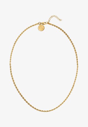 Verflochtene Halskette aus Gold mit einem runden Verschluss, der eine dekorative Scheibe zeigt. Verstellbare Länge mit einem Kettenerweiterer für Flexibilität bei der Passform.