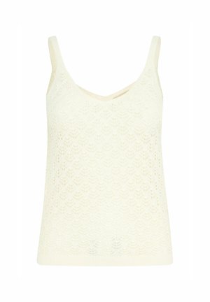 Blonde strikket tanktop i off-white, med tynde skulderstropper, V-udskæring og et bølget mønster gennem stoffet.