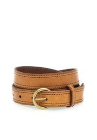 Cintura in pelle color tan con finitura liscia, dotata di una fibbia in ottone e dettagli cuciti. Il rotolo della cintura mostra diversi fori per la regolazione della taglia.