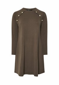 Brun ribbad långärmad tunika med rund halsringning och dekorativa guldfärgaliknande knappar längs sömmarna på axlarna.
