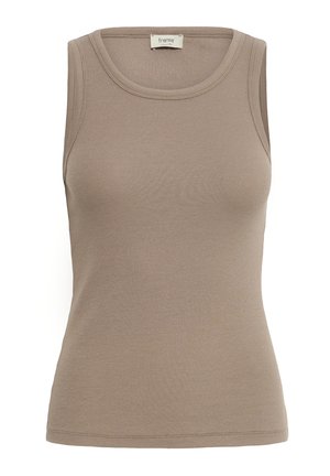 Débardeur côtelé sans manches taupe avec encolure ronde et silhouette ajustée, étiqueté "fransa" au col.