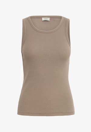 Mouwloos geribd tanktop in taupekleur met ronde hals en aansluitende pasvorm, met het label "fransa" bij de kraag.
