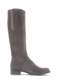Grijze suede kniehooglaarzen met een rechte vorm, een zijrits en een kleine blokhak. Heeft een gladde textuur en minimale stikdetails.