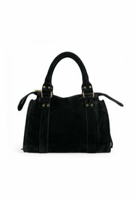 Sac à main en suède noir avec doubles poignées supérieures, quincaillerie dor ée, fermeture éclair et sangles latérales. Caractéristiques d'une texture lisse et d'une forme structurée.