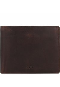 Cartera de cuero marrón con una textura suave, diseño bifold y costuras visibles. Presenta un logo de la marca en relieve en la esquina inferior.