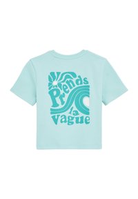 Tyrkysové bavlněné tričko s modrou grafickou kresbou a textem "Prends la vague" a vzory vln. Krátké rukávy a kulatý výstřih.