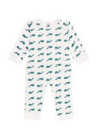 Bodysuit à manches longues en tissu blanc doux, avec un motif répétitif de baleines teal. Comprend un col rond et des manches à poignet.