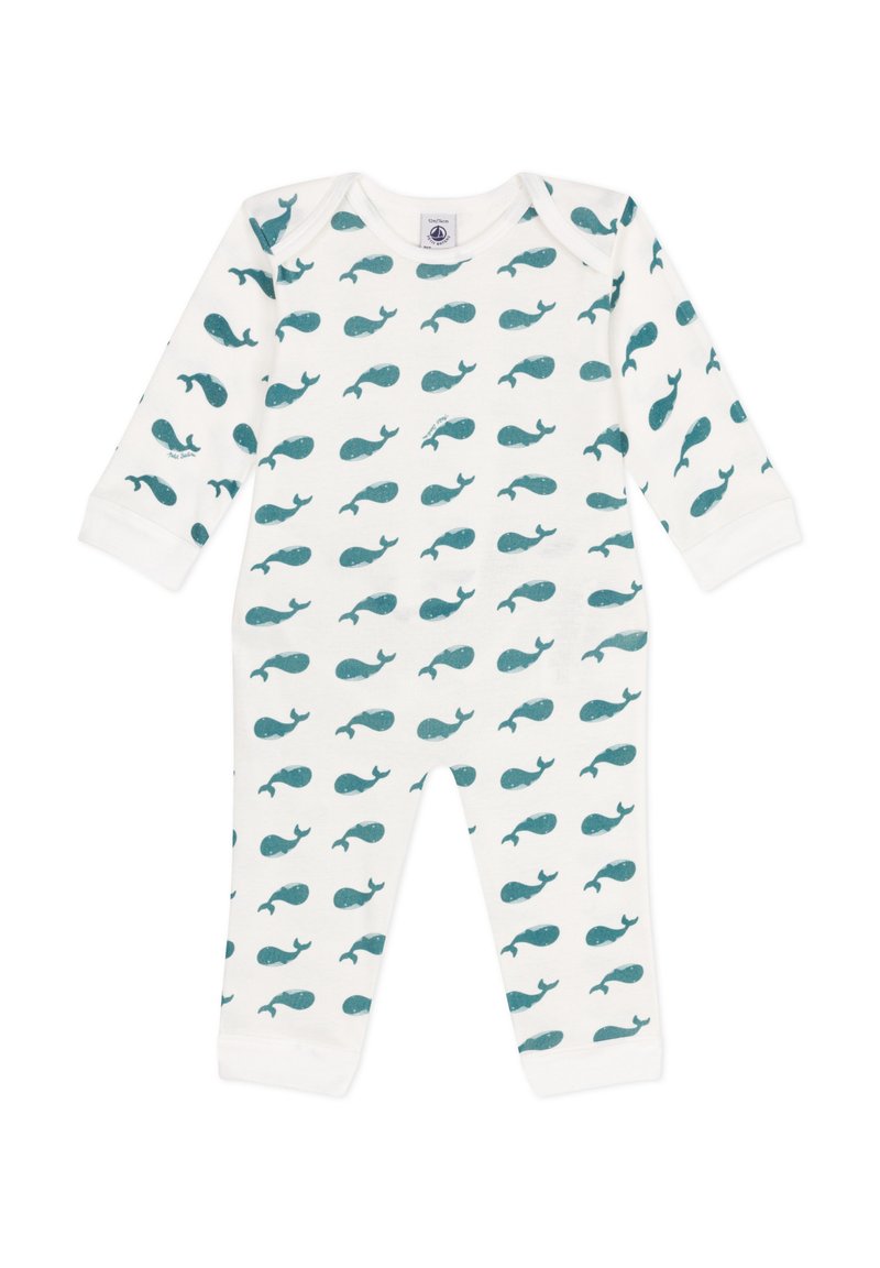 Bodysuit à manches longues en tissu blanc doux, avec un motif répétitif de baleines teal. Comprend un col rond et des manches à poignet.