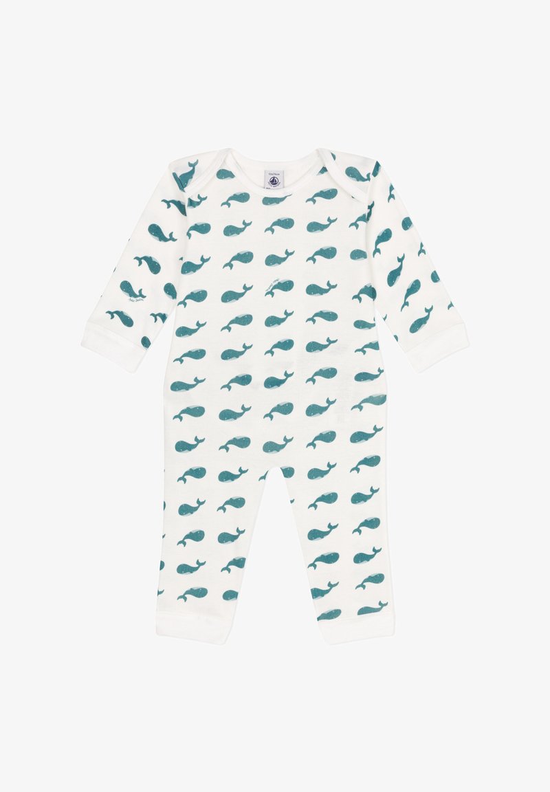 Body a maniche lunghe realizzato in morbido tessuto bianco con un motivo ripetuto di balene color teal. Include un collo rotondo e maniche con polsini.