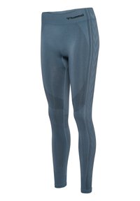 Blaue sportliche Leggings aus dehnbarem Material, mit hohem Bund, strukturierten Akzenten und einem Logo am Taillenbund.