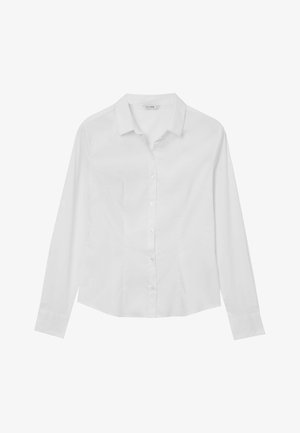Camicia bianca a maniche lunghe con colletto, tessuto liscio e vestibilità su misura. Presenta un orlo dritto e chiusura con bottoni classica.